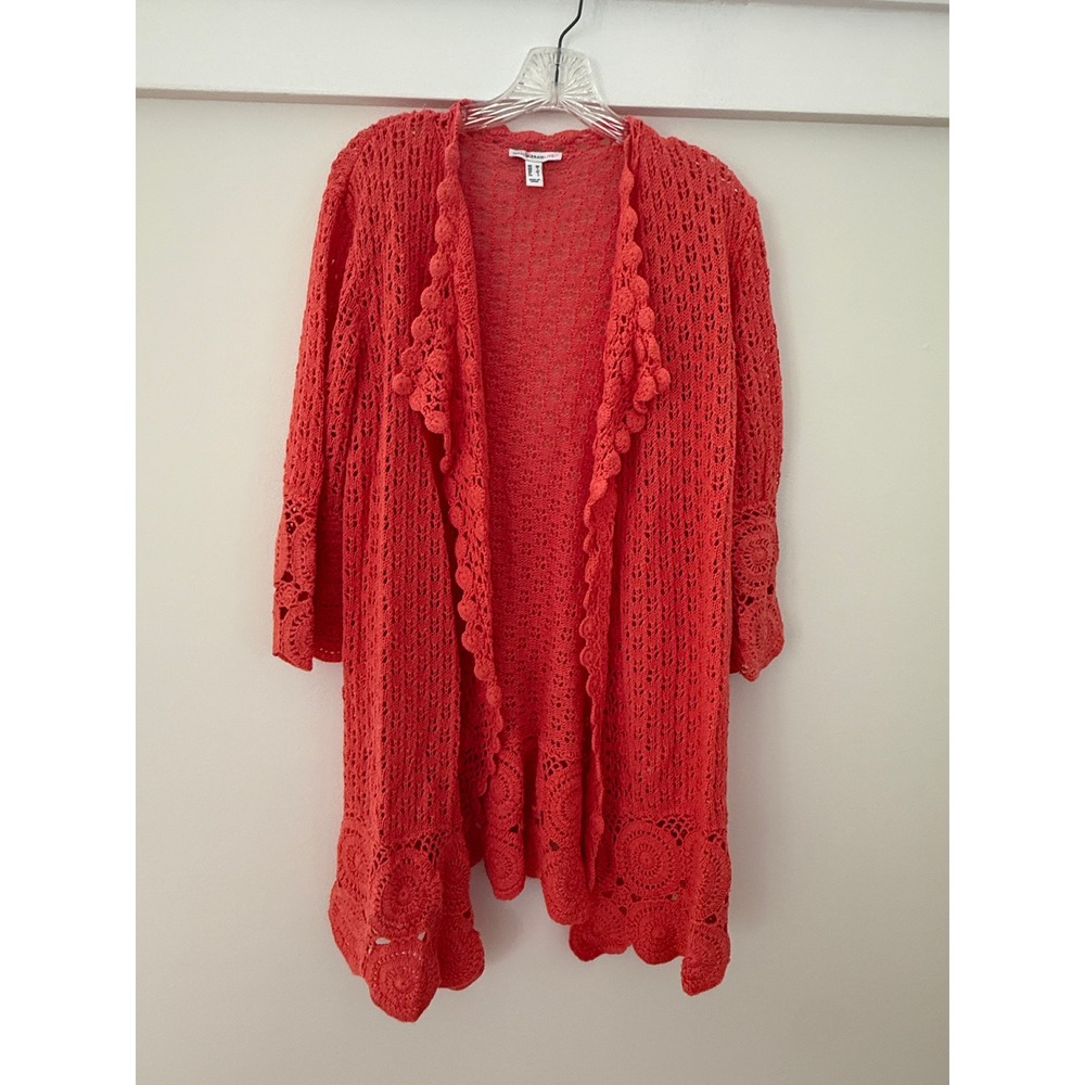Isaac Mizrahi Live! Cardigan Wms M Coral Boho Crochet Open Front Pointelle